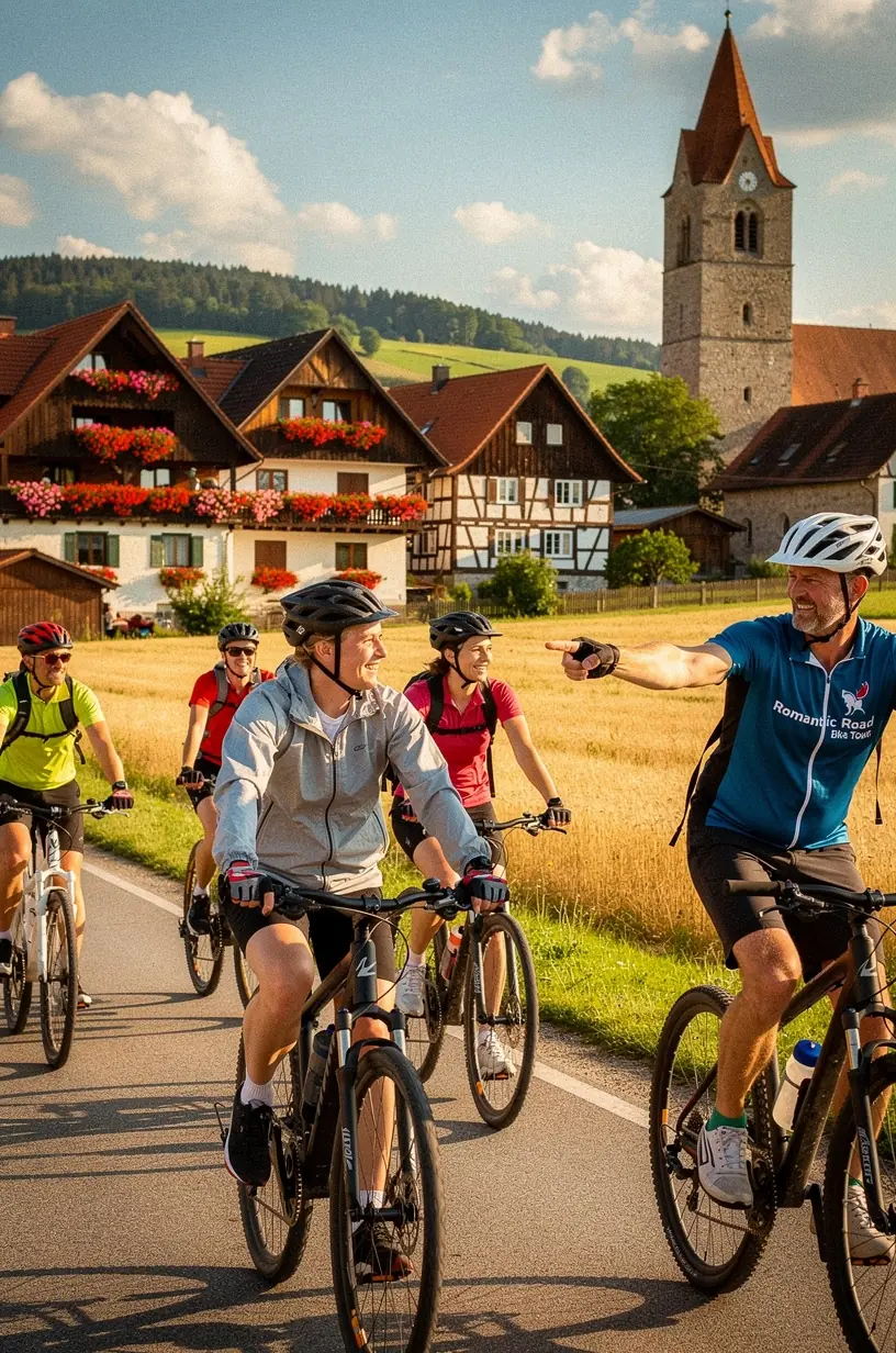 Geführte Touristenengruppe vor einem imposanten Schloss mit informativem Reiseleiter.